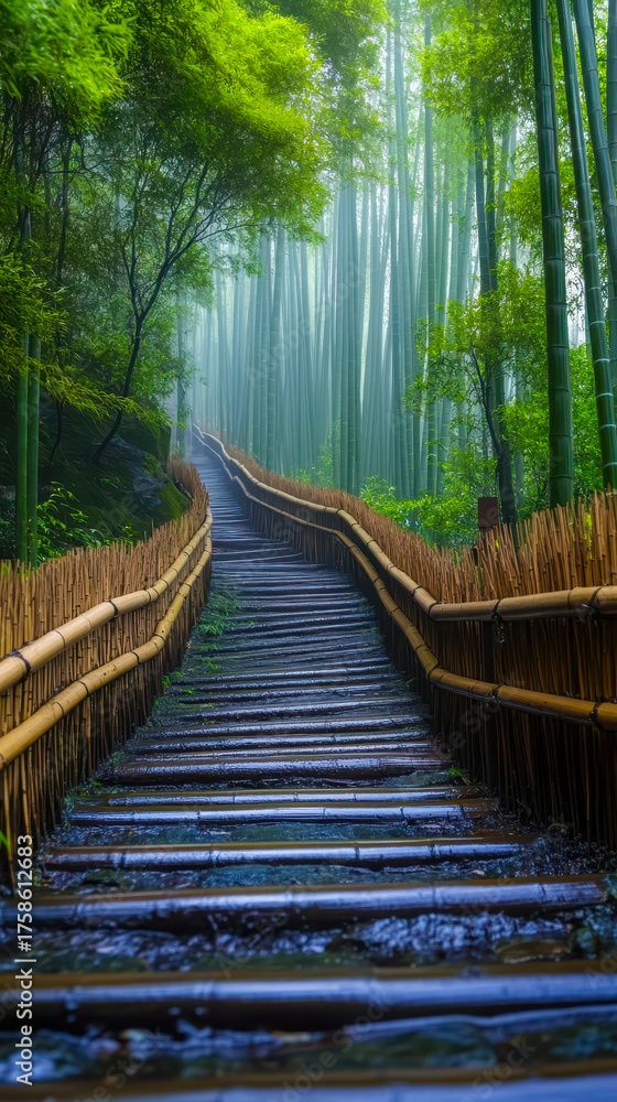 Fototapeta premium Enchanting Stone Stairway with Bamboo Railings Ascending Through a Dense, Misty Green Bamboo Forest in an Asian Landscape