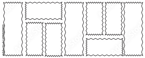 Zig zag Wavy Edge Outline Square and Rectangle Shapes Set. Black Edge Frames and Curved Zigzag Patterns. Set of Curved Outline Zigzag Patterns. Set of Rectangle shape frame with zigzag edge 