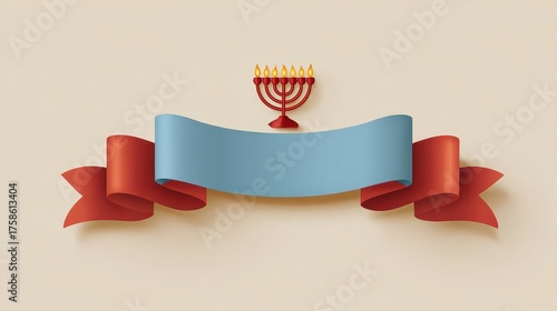 Hanukkah Celebration with Menorah and Decorative Ribbon Banner