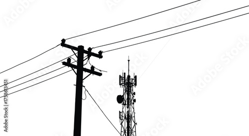 Silhouette vector illustration of electricity power pole and telecommunication tower with cable lines, modern energy connection, industrial communication network, and urban infrastructure design