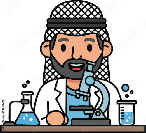 Arab scientist in lab coat looking through microscope conducting research.