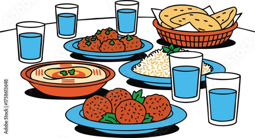 A vibrant table setting with traditional Middle Eastern food.