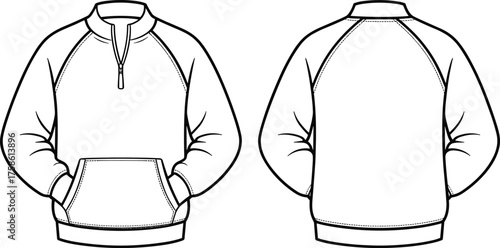 CAD drawing flat vector illustration of long sleeve quarter zip sweatshirt, raglan sleeves, kangaroo pocket, ribbed cuffs, fashion apparel template