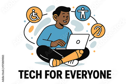Inclusive Remote Work. Inclusive remote work opportunities. Character using glowing assistive devices while