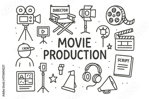 Movie Production Sketch. Movie Production. Hand-drawn doodle illustration of Movie Production. camera,