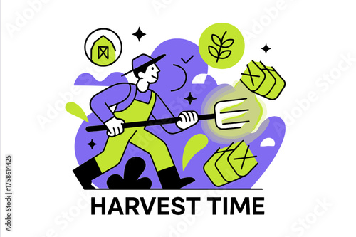 Glowing Pitchfork Harvest. Pitchfork handle. Character holding glowing pitchfork in abstract barn, floating