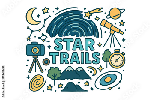 Vibrant Star Trails Illustration. Star trails. Hand-drawn doodle illustration of Star trails. Camera on tripod