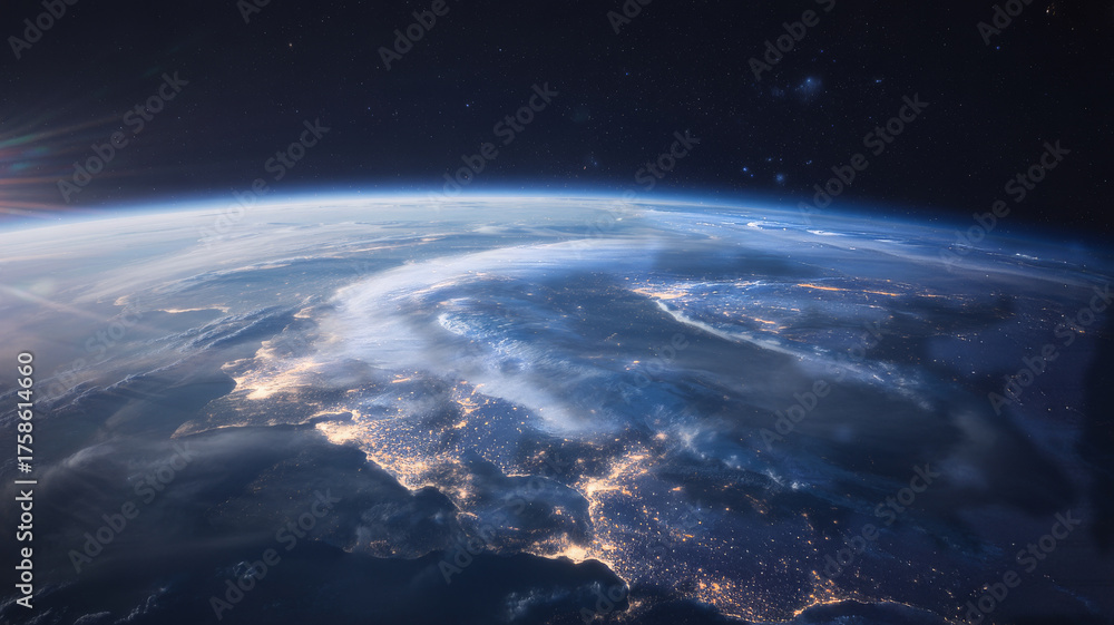 Obraz premium Overhead view of earths atmosphere and continents satellite