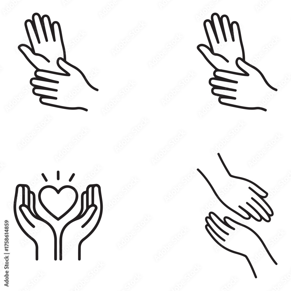 Obraz premium Set of line art icons representing mental support and helping hands silhouette