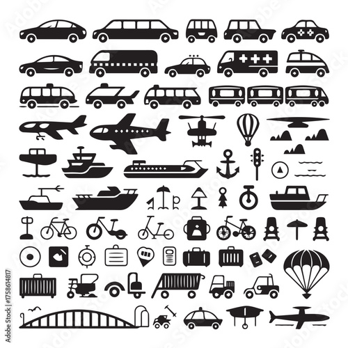 Vector art of collection of transportation icons, including cars, buses, trucks, airplanes, helicopters, boats, and bicycles