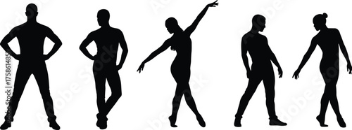 Elegant black silhouette dancers in varied expressive poses, contemporary ballet and modern dance figures, movement study, minimalist human form, performance silhouettes