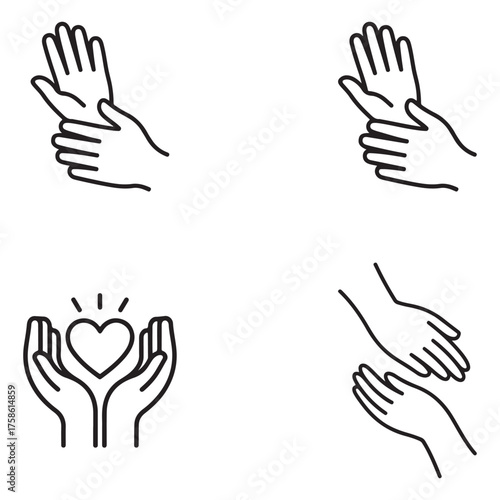 Set of line art icons representing mental support and helping hands silhouette