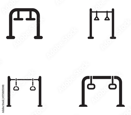 Collection of various pull up bar fitness equipment silhouette icons for exercise and training