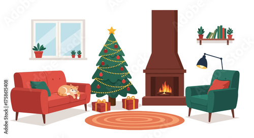 Cozy Christmas Living Room Interior Illustration for Holiday Greetings and Festive Decoration Projects, Showcasing a Comfortable and Inviting Home Environment