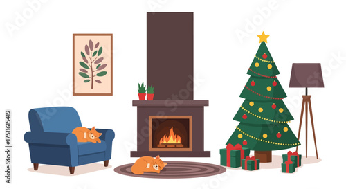 Festive Christmas living room interior featuring cozy fireplace, decorated tree, and relaxing cats. Ideal for holiday greetings, seasonal promotions, or home decor design.
