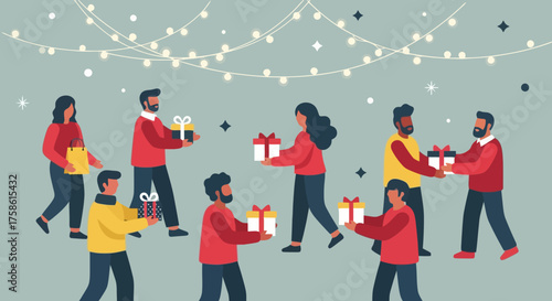 Diverse group of people exchanging gifts during a festive holiday season, perfect for illustrating corporate celebrations or community gift-giving events