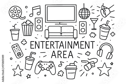 Entertainment Zone Doodle. Entertainment Area. Hand-drawn doodle illustration of Entertainment Area. sofa, TV