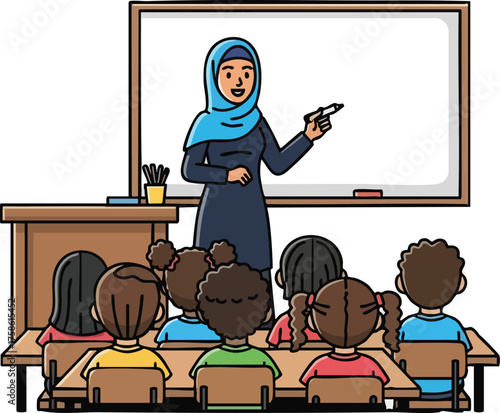 Diverse group of students learning from a female teacher in a classroom setting.