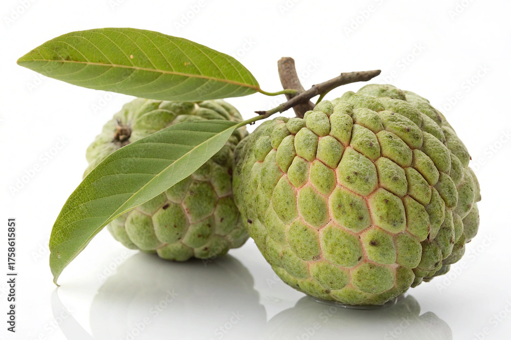 Obraz premium Two fresh custard apples with leaves isolated on white background, showcasing the fruits unique texture and vibrant green color, closeup shot