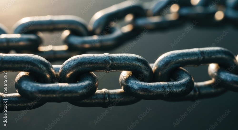 Fototapeta premium Close-up view of a metal chain. Links are tightly connected. Soft light highlights the texture