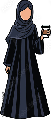 Muslim woman in black abaya and hijab holding a coffee cup.