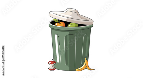 Reduce waste creatively with this illustration of a compost bin overflowing with food scraps, a visual reminder to live more sustainably now