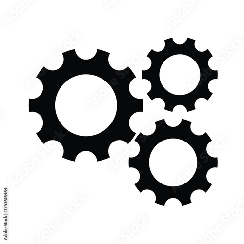 Three black cogwheels (gears) interlocking in a cluster on a white background. This vector icon symbolizes system processes, workflow, mechanics, settings, cooperation, engineering, technical solution