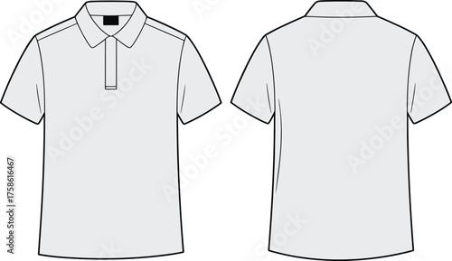 CAD drawing flat vector illustration of short sleeve polo shirt, classic collar, button placket, crew neck style, front and back view