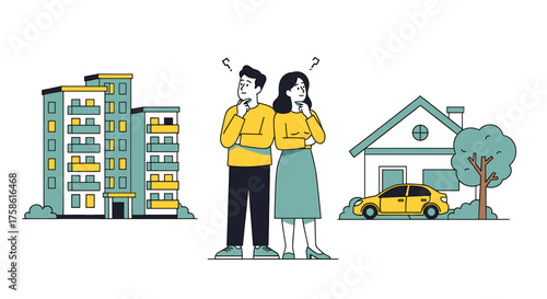 Young couple dreaming of home ownership deciding between apartment or house with car in vibrant illustration, perfect for real estate advertising
