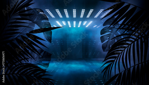 Silhouettes of tropical leaves empty scene background, abstract multicolored neon lights.