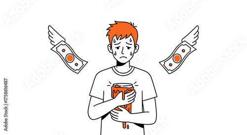 Losing money fast, sad man holding melting savings with winged cash flying away financial loss concept, illustrating spending money too quickly