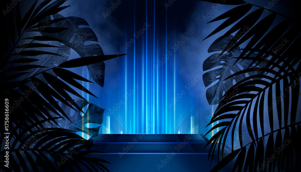 Naklejka premium Silhouettes of tropical leaves empty scene background, abstract multicolored neon lights.