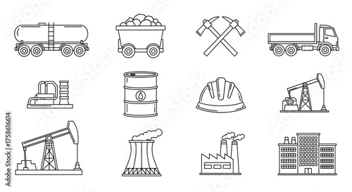 Essential mining and industrial equipment icons perfect for your next project featuring trucks, hardhats, and factory buildings in a clean minimalist style