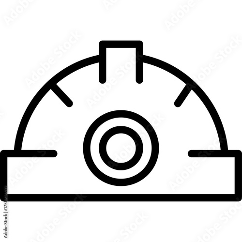 Simple Line Art Icon of a Hard Hat Featuring a Circular Emblem on its Frontal Area and a Protective Brim and Suspension System on a Transparent Background.