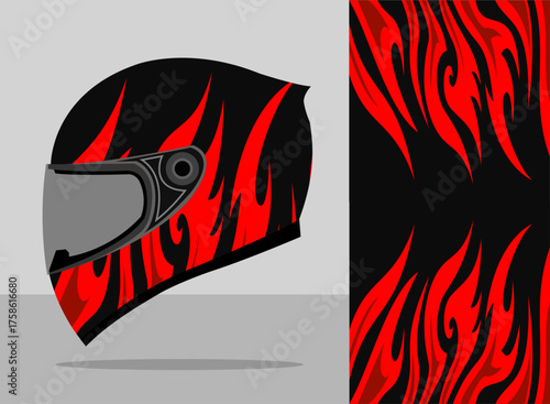 helmet wrap design with black and red fire color theme