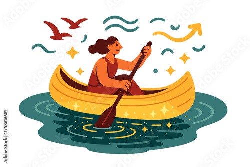 Glowing Lakeside Adventure. On the lake. A glowing wooden canoe floating on water with a paddler inside,