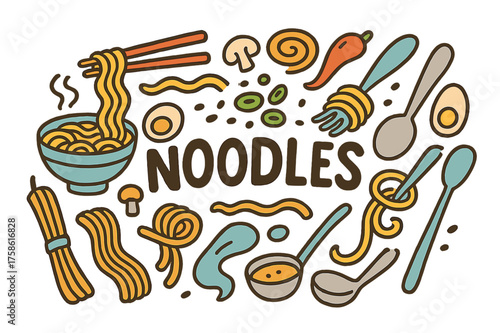Noodles Doodle Delight. Noodles. Hand-drawn doodle illustration of Noodles. Ramen bowl, chopsticks, udon, soba