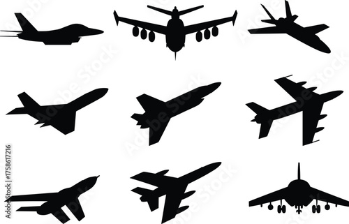 Aircraft silhouette collection, military and commercial planes, aviation icon set, jet fighter shapes, airplane front view, black vector aircraft, aviation design elements