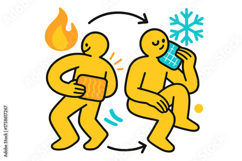 Therapy Balancing Heat & Cold. Heat and cold therapy. A glowing character applying a warm pad and cold pack,