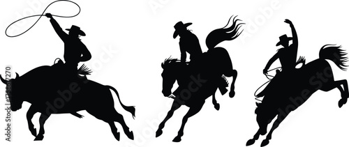 Cowboy rodeo silhouettes, bucking bull and horse riders, western action scene, dynamic lasso pose, wild west illustration, energetic motion, black figures on white background