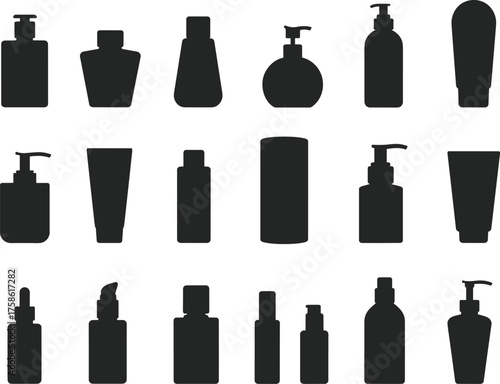 Cosmetic container silhouettes, toiletry packaging icons, black vector bottles, pump dispensers, squeeze tubes, dropper shapes, personal care product design, isolated on white background