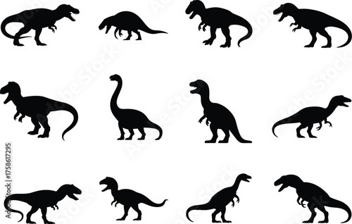 Dinosaur silhouette collection, prehistoric animal shapes, black vector icons, extinct species illustration, educational design, fossil era creatures, Jurassic wildlife, paleontology graphic set