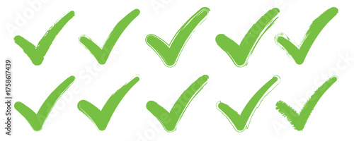 Green Check Mark Brush Stroke Vector Collection. Set of Hand Drawn Tick Symbols, Abstract Ink Texture Design, Approval or Correct Sign Illustration. Grunge Check Icon Set for Validation Concept