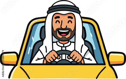 Happy Arab man driving a yellow car with a big smile.