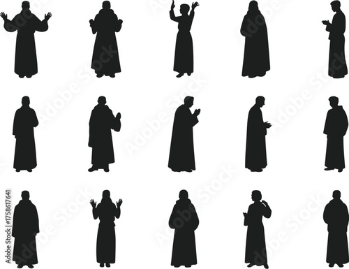 Silhouette poses of robed figure, expressive gestures, spiritual stance, dramatic movement, character design reference, black costume, isolated on white, animation concept, gesture study