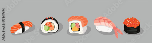 A set of stylized flat vector illustrations of rolls and sushi. Perfect for menus, stickers, advertising, and other projects.
