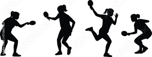 Table tennis silhouettes, active players in motion, paddle sport action, competitive gameplay, dynamic poses, black figures isolated, ping pong athletes, energetic movement, sports concept
