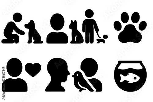 Pet Owner Bonds Icons. Pets with Owners. Filled icon set of Pets with their Owners and Human-Animal Bonds: dog