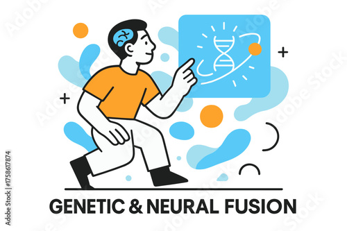 AI-Enhanced Human Evolution. Human evolution enhanced by AI. Character interacting with glowing AI holographic