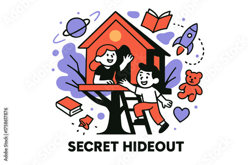 Secret Treehouse Sanctuary. Documenting childhood friendships. Abstract glowing treehouse with floating